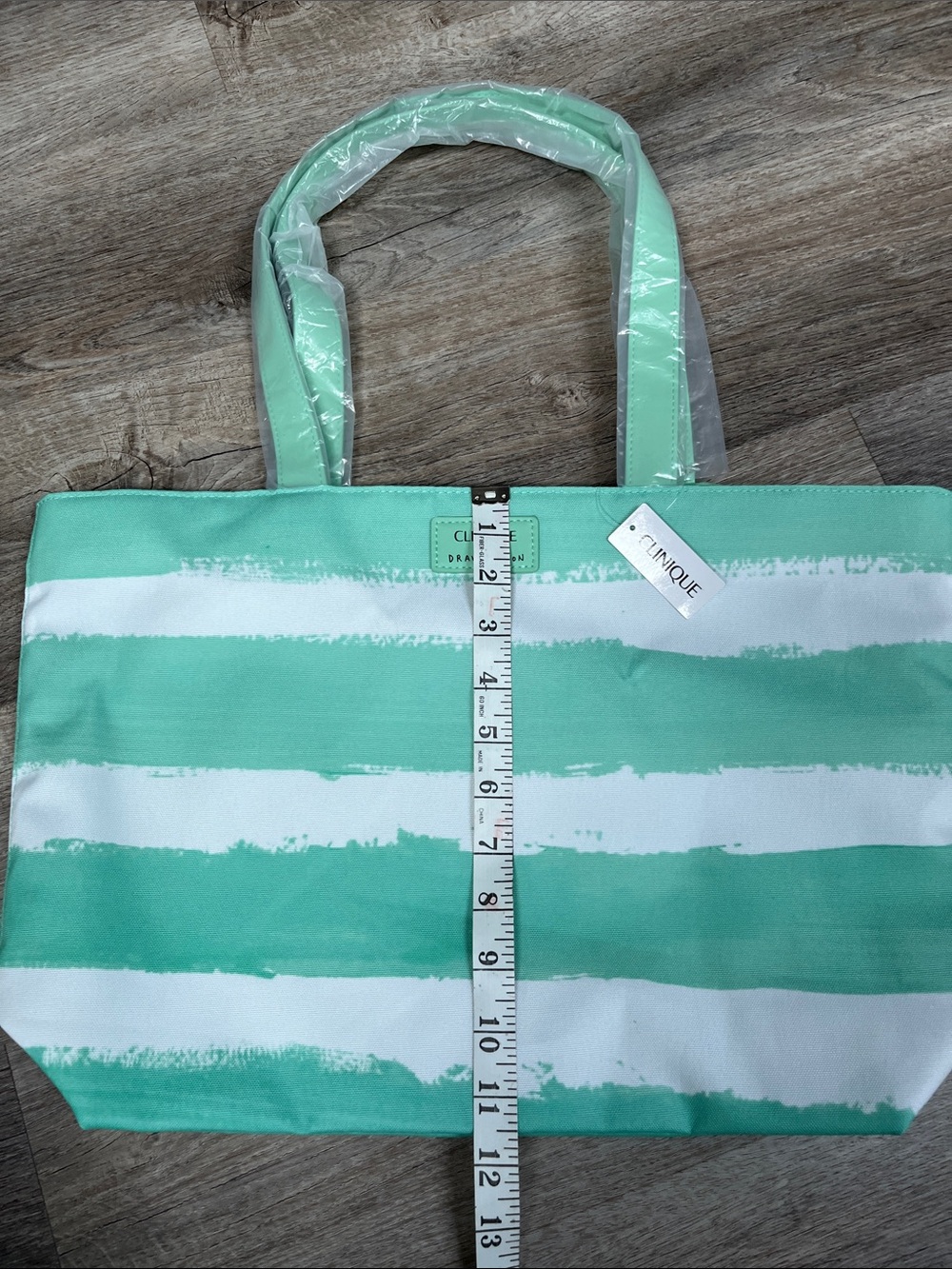 Clinique x Drawbertson Green and White Striped Tote with Matching Pouch NWT - Picture 3 of 7
